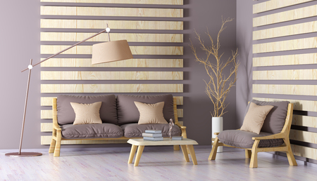 Interior design of modern living room with sofa, armchair, coffee table and floor lamp, 3d renderingの写真素材