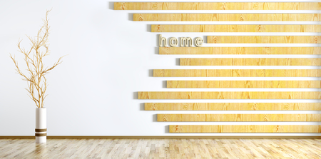 Interior background of living room with wood paneling and vase with branch 3d renderingの写真素材