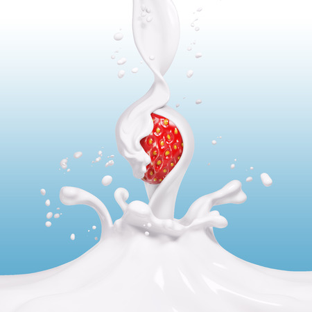Strawberry in splashing cream, abstract background dessert, illustration food, isolated 3d renderingの写真素材