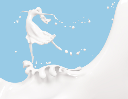 Splash milk and girl isolated on blue background, abstract 3d renderingの写真素材