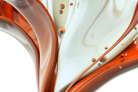 Melted hot chocolate and milk is pouring. Liquid Jet isolated on white background, isolated 3d renderingの写真素材