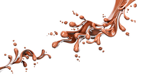  hot dark chocolate dynamic splashing, liquid splash, 3d food illustration isolated on white backgroundの写真素材