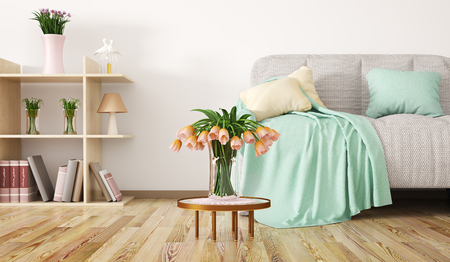 Interior design of modern living room with sofa, coffee table and bookshelf, flowers 3d renderingの写真素材