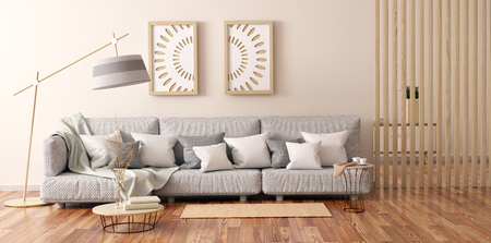 Interior design of modern living room with gray sofa, coffee table with books and cabinet, 3d rendering の写真素材