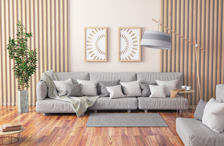 Interior design of modern living room with gray sofa, coffee table with books and plant, 3d renderingの写真素材