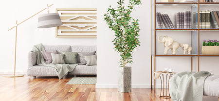 Interior design of modern living room with gray sofa, bookshelf with books and flower, 3d rendering の写真素材