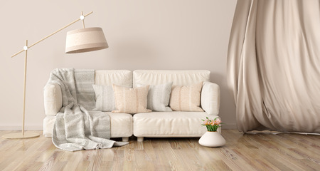 Interior design of modern living room with sofa and curtain, floor lamp 3d renderingの写真素材