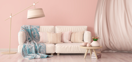 Interior design of modern living room with sofa and curtain, floor lamp and coffee table with tulips, 3d renderingの写真素材
