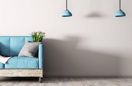 Interior design of modern living room with sofa, couch with wheels, 3d rendering