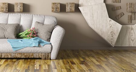 Interior design of modern living room with sofa, gray sofa with clock 3d rendering