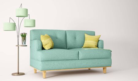 Green sofa on white background with floor lamp, plaid and flowers, 3d renderingの写真素材