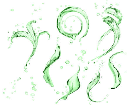 Liquid of splash green color, set of splash Aloe Vera 3d illustration, abstract swirl background, isolated 3d renderingの写真素材