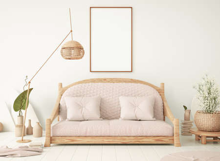Interior design of modern living room with sofa, mock up poster frame on wall, floor lamp, 3d renderingの写真素材