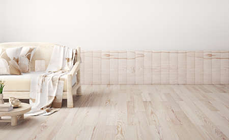 Interior design of modern living room with sofa, coffee table, space wall, 3d renderingの写真素材