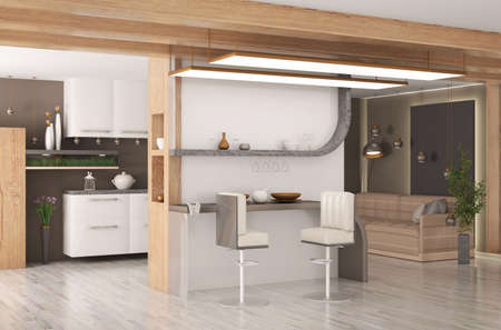 Interior design of modern living room with sofa and kitchen, plant and pillows, flexible stone, 3d renderingの写真素材