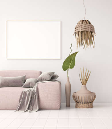 Interior design of modern living room with sofa, tropical interior, mock up poster frame on wall, copy space background, 3d renderingの写真素材