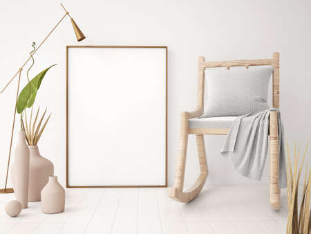 mock up poster frame in modern interior background, armchair and poster, chair and poster living room, floor lamp 3d renderingの写真素材