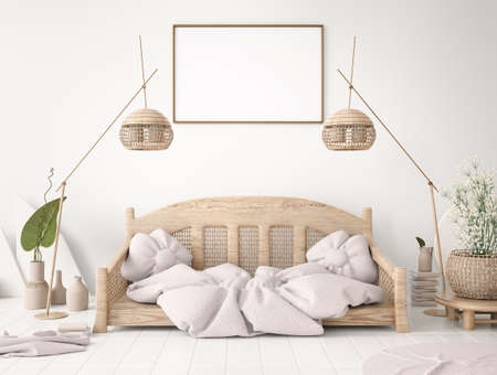 Interior design of modern living room with sofa, mock up poster frame on wall, floor lamp, 3d renderingの写真素材