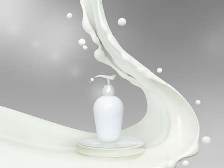 Milk cosmetics template, skin care cosmetic blank product for promotion , body lotion in white bottle with silver dispenser in milk splash. Blank cosmetics pump container on podium, product or packaging for mock up. Liquid soap over gray. 3d renderingの写真素材