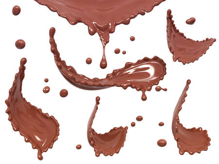 Set of swirl chocolate wave or flow splash, pouring hot melted milk chocolate sauce or syrup, cocoa drink or cream, abstract liquid dessert background, choco splash, drink dessert, isolated, 3d renderingの写真素材