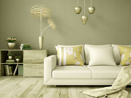 Interior design of  modern living room in green, with sofa and  pastel plaid, shelf with books and plants, 3d renderingの写真素材