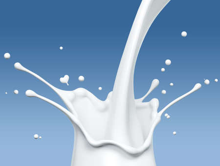 Pouring milk or yogurt, splash or wave, abstract flowing liquid background, isolated over blue, 3d renderingの写真素材