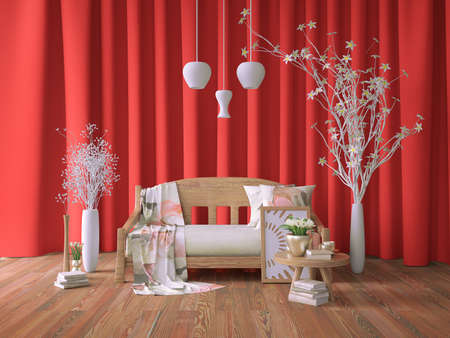 Modern interior design with wooden bench and red curtain, lamp and coffee table with  white decor, 3d renderingの写真素材