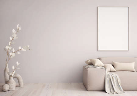 Interior design of modern living room with sofa, plant vase and mock up poster frame on wall, copy space background, 3d renderingの写真素材