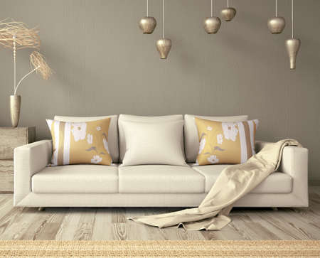 Interior design of modern living room yellow color, with sofa and pastel blanket, 3d rendering