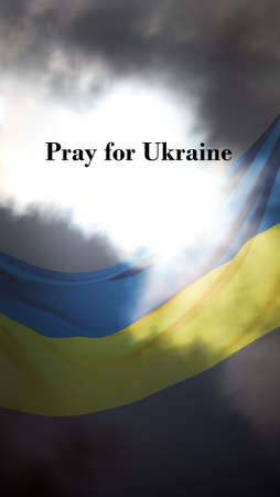 Pray for Ukraine. Stop War on the Ukraine. Ukrainian flag over the dark sky. Pray for peace. Save Ukraine from Russia and from Russian attack. 3d rendering, illustrationの写真素材
