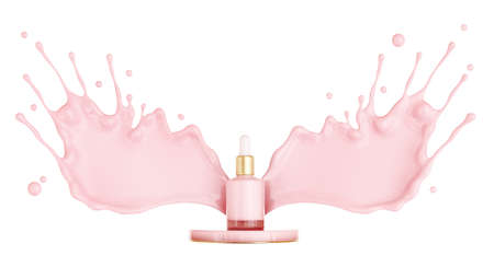 Make up liquid foundation cream cosmetics bottle on splashing cosmetic liquid, advertising. Moisturizing toner, cream, gel, body lotion pink liquid, Isolated, 3d rendering;の写真素材