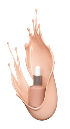 Blank cosmetics skincare product or packaging for mock up. Liquid makeup foundation bottle with cosmetic cream splash. Cosmetic product template. Dropper for branding in beige liquid splash. Blank label for branding. 3d rendering.の写真素材