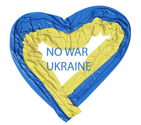 No war in Ukraine. Stop WAR in Ukraine. Stop war. The flag of Ukraine in the shape of a heart. 3d illustration of the conflict between Russia and Ukraine. Patriotism. 3d rendering;の写真素材