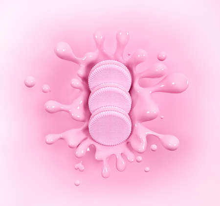 Crispy Biscuit with pink yogurt Splash 3d rendering, food illustrationの写真素材