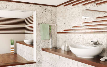 Interior of bathroom with tiled walls and sink on wood countertop with mirror and wood floor 3d renderingの写真素材