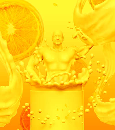 Silhouette of bodybuilder that is consisting of a orange juice with protein, sports nutrition, splash of milk, spadvertising banner 3d rendering, illustrationの写真素材