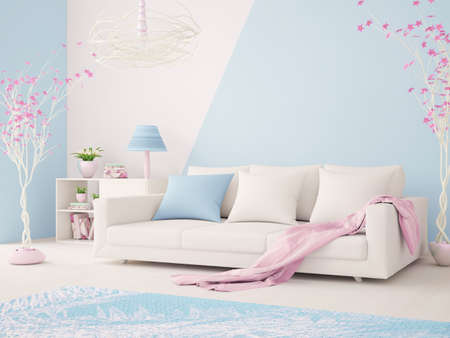 Interior design of a modern living room in blue, with a white sofa and a pink plaid, shelf with books and plants, 3d renderingの写真素材
