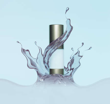 Make up liquid foundation cream cosmetics bottle or jar in splashing liquid, advertising. Cosmetic product mockup. Blank label for branding. Moisturizing toner, cream, gel, body lotion liquid, 3d rendering;の写真素材