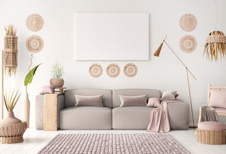 Interior design of modern living room with sofa and armchair, tropical interior, mock up poster frame on wall, Scandinavian style, background, 3d renderingの写真素材