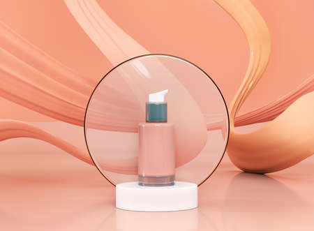 Blank cosmetics skincare product or packaging for mock up. Liquid makeup foundation bottle with cosmetic cream waves. Cosmetic product template. Pump container for branding on cylinder podium or pedestal over wavy background. Blank label for branding. 3d rendering.の写真素材