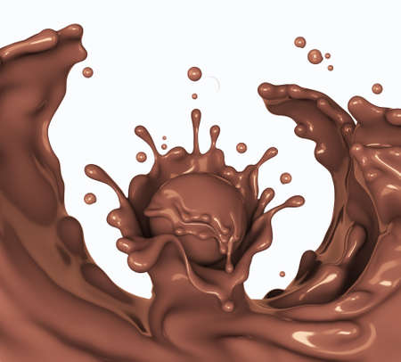 Splash of hot chocolate, sauce or syrup, cocoa drink or choco cream, melted chocolate wave, abstract background dessert, illustration food, isolated 3d renderingの写真素材