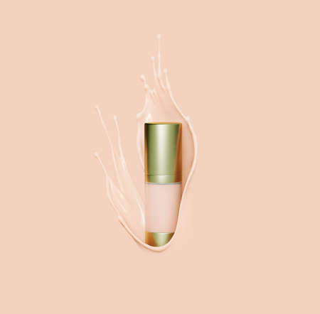 Make up liquid foundation cream cosmetics bottle or jar in splashing liquid, advertising. Cosmetic product mockup. Blank label for branding. Moisturizing toner, cream, gel, body lotion liquid, 3d rendering;の写真素材