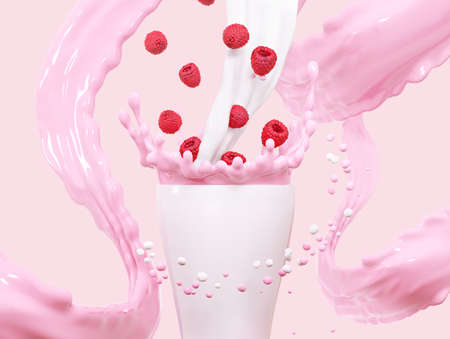 Fresh fruit yogurt splash with ripe raspberries. Healthy breakfast meal label design or advertising element with yogurt, cream, milk and raspberries. Milkshake. 3d rendering illustration for food dairy product ad poster.の写真素材