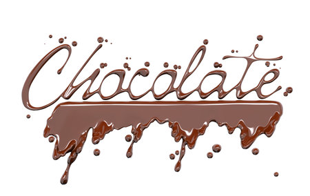 Hot melted milk chocolate word, letters, lettering, sauce or syrup, pouring chocolate wave or flow splash, cocoa drink or cream, abstract dessert background, choco splash, drink dessert, isolated, 3d renderingの写真素材