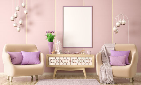 Interior design of modern living room with two armchairs, plaid and pillows, cabinet with decor and frame, 3d renderinの写真素材