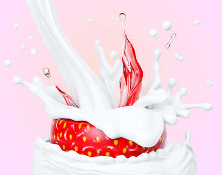 Strawberry in splashing cream, abstract background dessert, strawberry in a splash of juice with drops, strawberry jam in a splash of pouring milk or yogurt, illustration food, isolated 3d renderingの写真素材