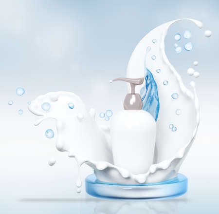 Milk cosmetics, skin care cosmetic product, body lotion in white bottle with silver dispenser in milk splash. 3d rendering. Mock-up promo banner, poster, blueの写真素材