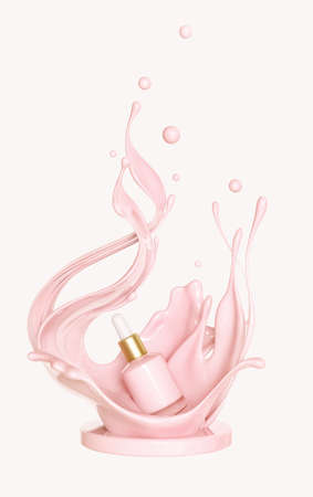 Moisturizing bottle. Liquid makeup foundation bottle with cosmetic cream splash. Cosmetic product template. Dropper for branding on podium in pink liquid splash. Blank label for branding.isolated 3d rendering.の写真素材