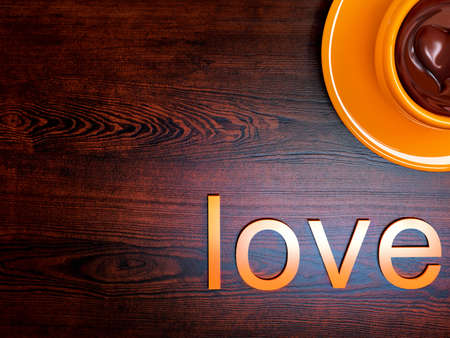 Word love on a background on wooden background. Cup chocolate. St. Valentine's Day. Illustration 3d rendering, vintageの写真素材