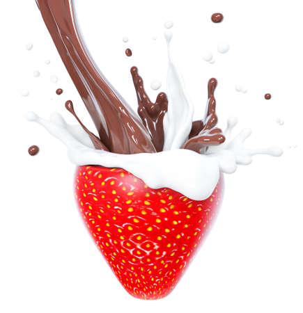 Strawberry in splashing chocolate cream, abstract background dessert, strawberry in splash of chocolate sauce with drops, strawberry in a splash of pouring milk or yogurt, illustration food, isolated 3d renderingの写真素材